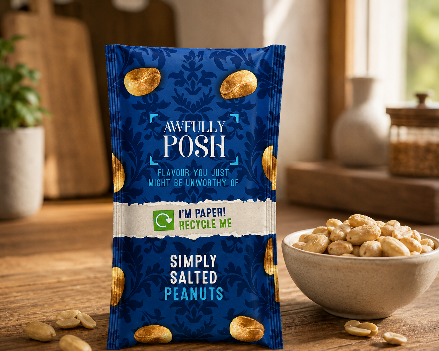 Awfully Posh Simply Salted Peanuts in a recyclable paper pack on a kitchen table with the "I&rsquo;m paper, recycle me" badge prominent and a bowl of nuts beside it
