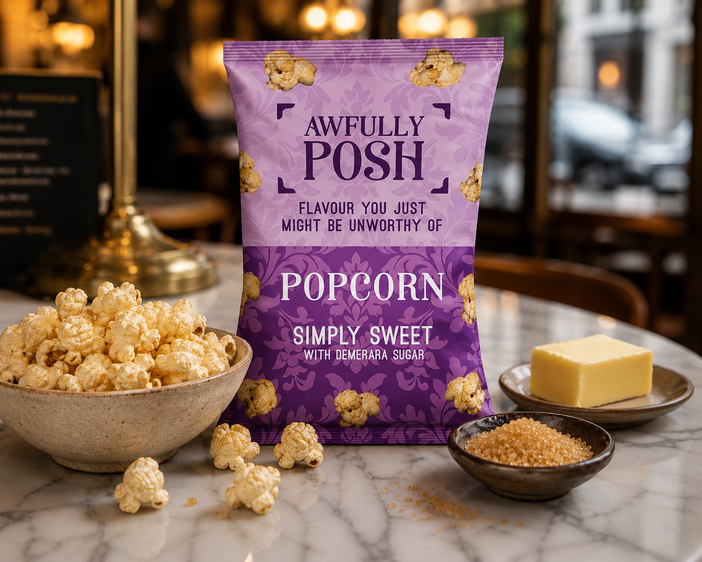 Awfully Posh Simply Sweet Popcorn on a marble counter with a bowl of caramel popcorn, demerara sugar and a pat of real butter