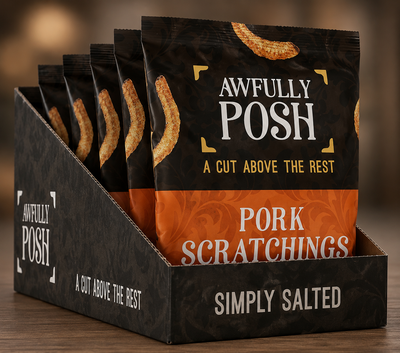 Awfully Posh Pork Scratchings self-merchandising case - five sharing packs in a printed black retail tray with the AP brackets and 'A Cut Above The Rest' tagline