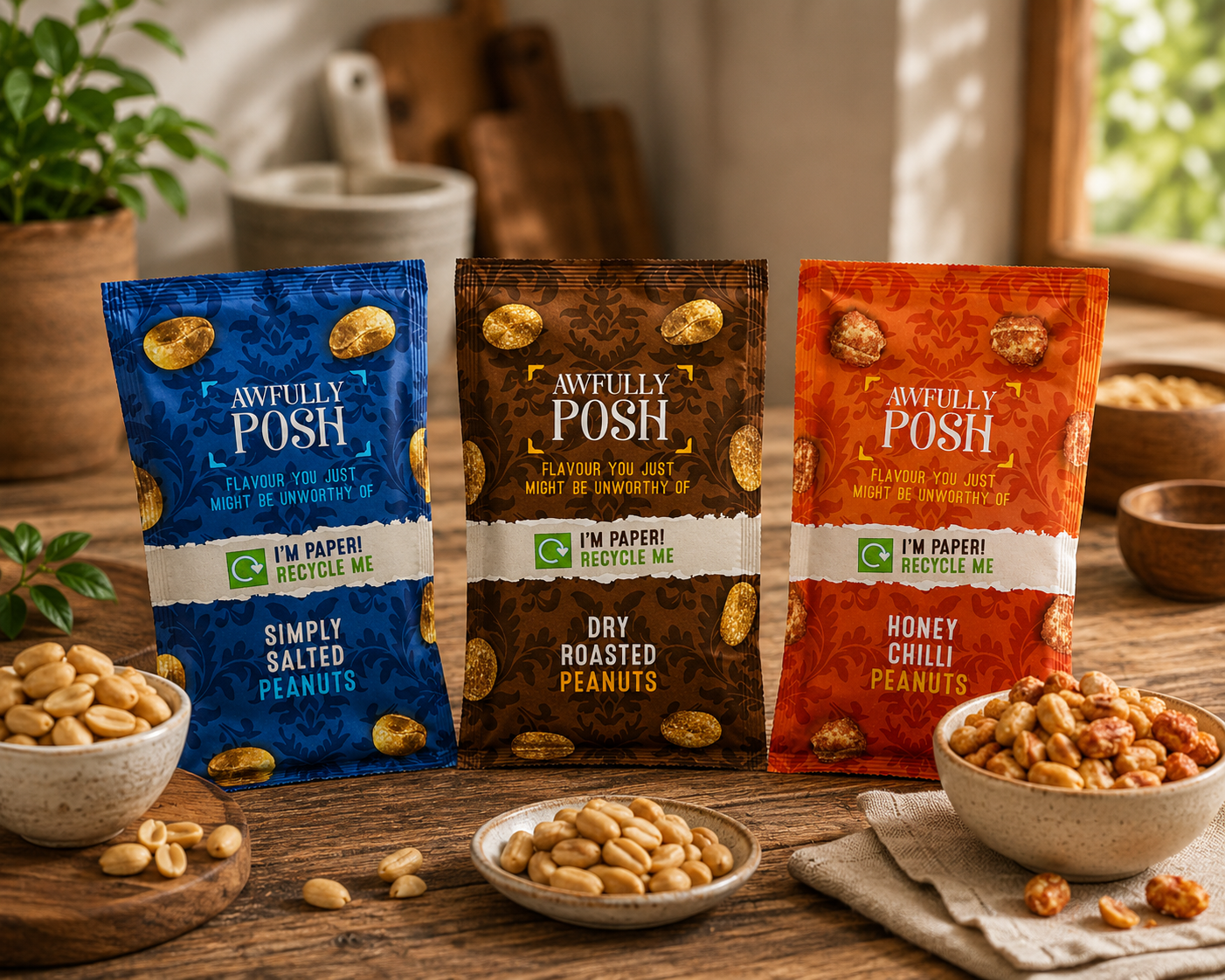 Awfully Posh Peanuts in recyclable paper bags - Simply Salted, Dry Roasted and Honey Chilli - styled on a wooden table with bowls of nuts and fresh herbs