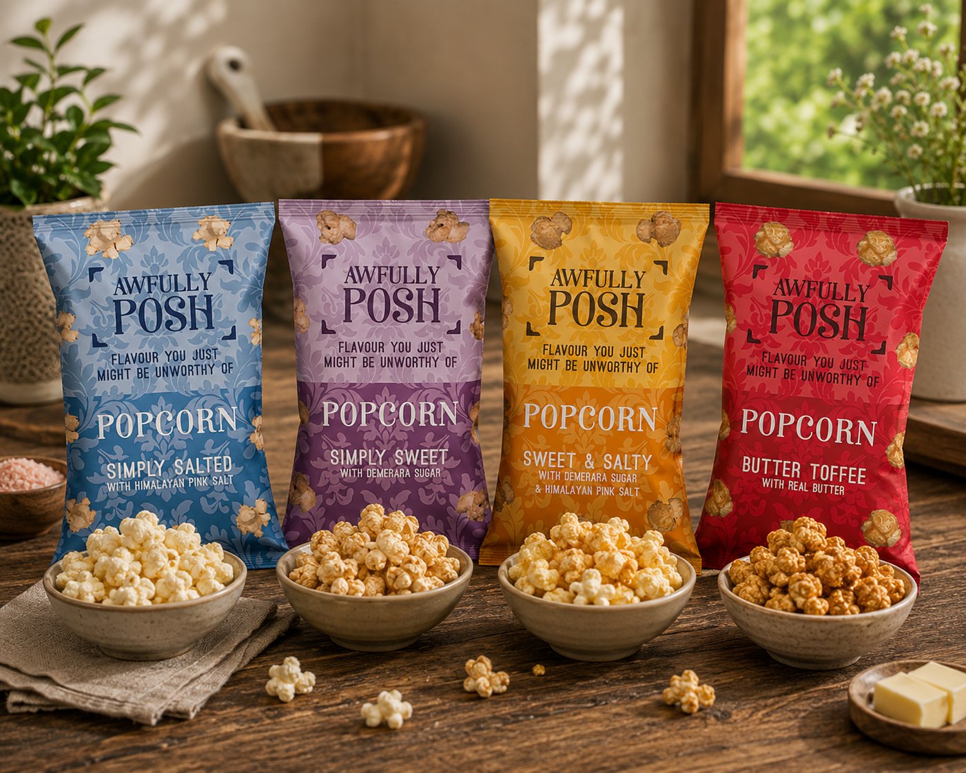 Awfully Posh Popcorn range - Simply Salted, Simply Sweet, Sweet & Salty and Butter Toffee - styled on a wooden table with bowls of popcorn and fresh butter